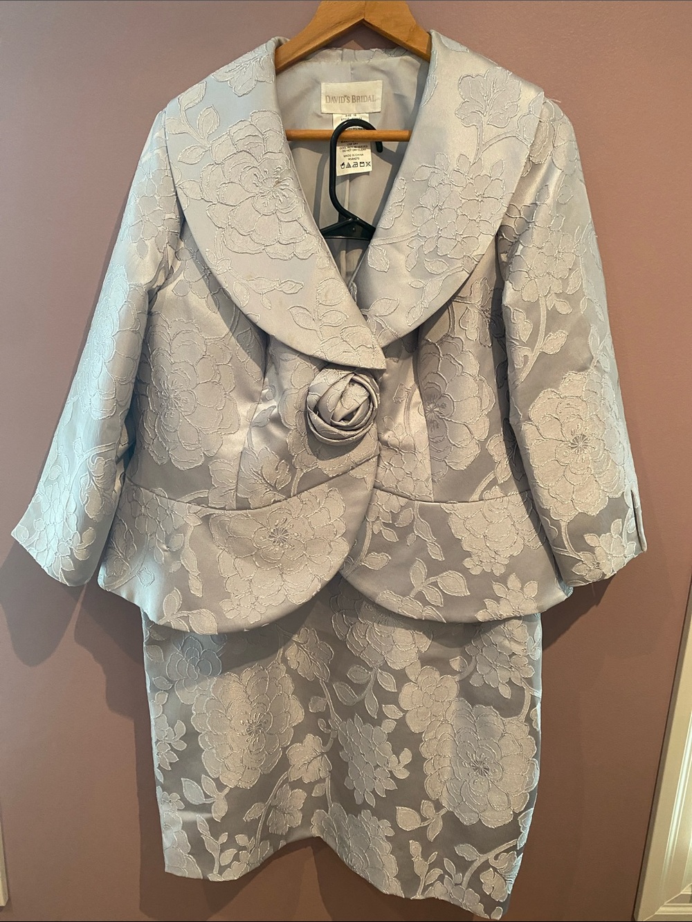 David's Bridal Light Gray Floral Brocade Jacket & Skirt Set